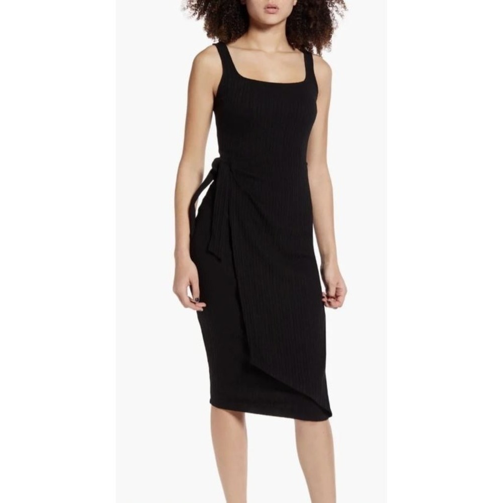 All In‎ Favor Square Neck Sleeveless Ribbed Knit Tie Wrap Waist Dress Black 2XL